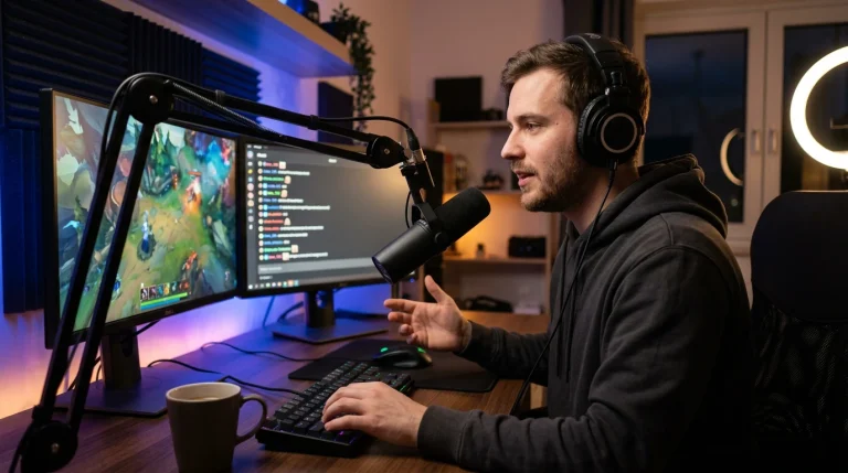eSport-Streamer am Schreibtisch mit Mikrofon auf Schwenkarm und zwei Monitoren während einer Übertragung