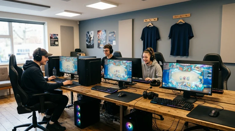 Jugendliche in einem Vereinsclubraum mit mehreren Gaming-PCs und Vereinstrikots an der Wand