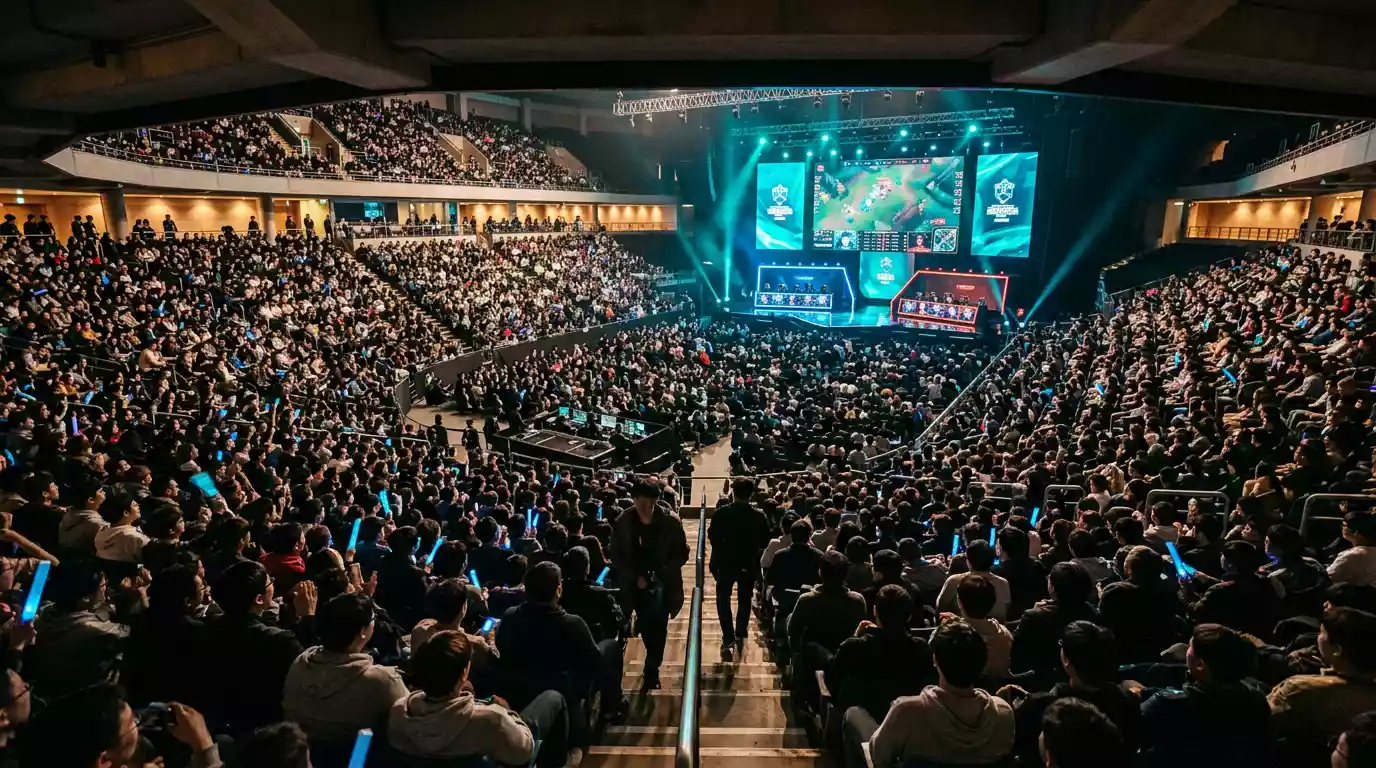 Volle eSports-Arena mit blau-türkis beleuchteter Bühne und LoL-Match auf großen Bildschirmen