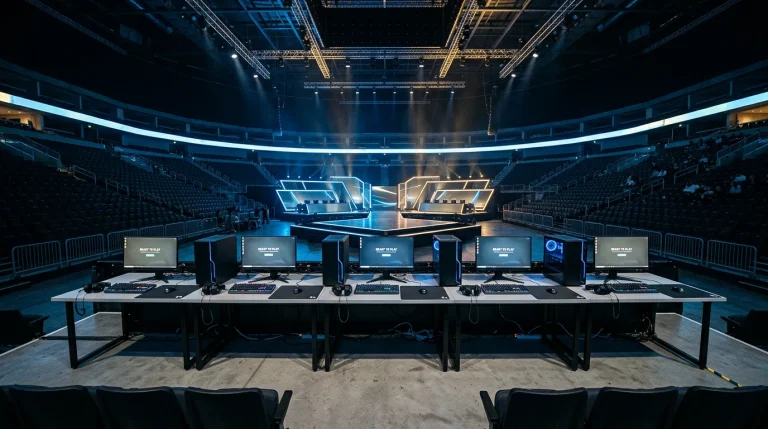 Moderne eSports-Arena mit mehreren Gaming-Stationen auf einer großen Turnierbühne