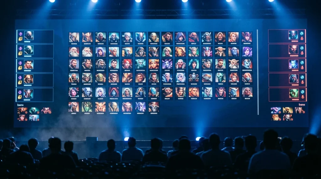 Großer Turnierbildschirm zeigt die Pick-Bann-Phase eines MOBA-Spiels mit Champion-Auswahl auf einer eSports-Bühne
