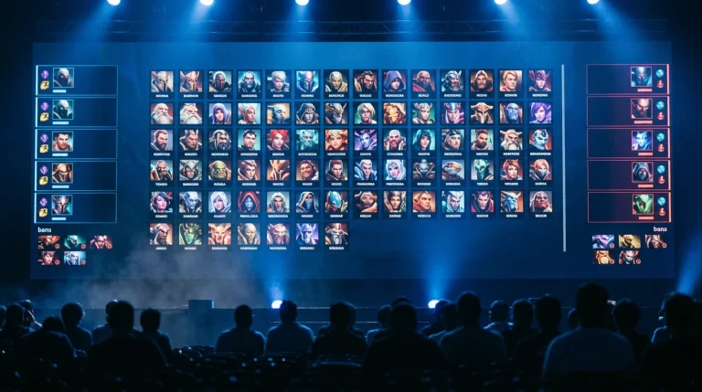 Großer Turnierbildschirm zeigt die Pick-Bann-Phase eines MOBA-Spiels mit Champion-Auswahl auf einer eSports-Bühne