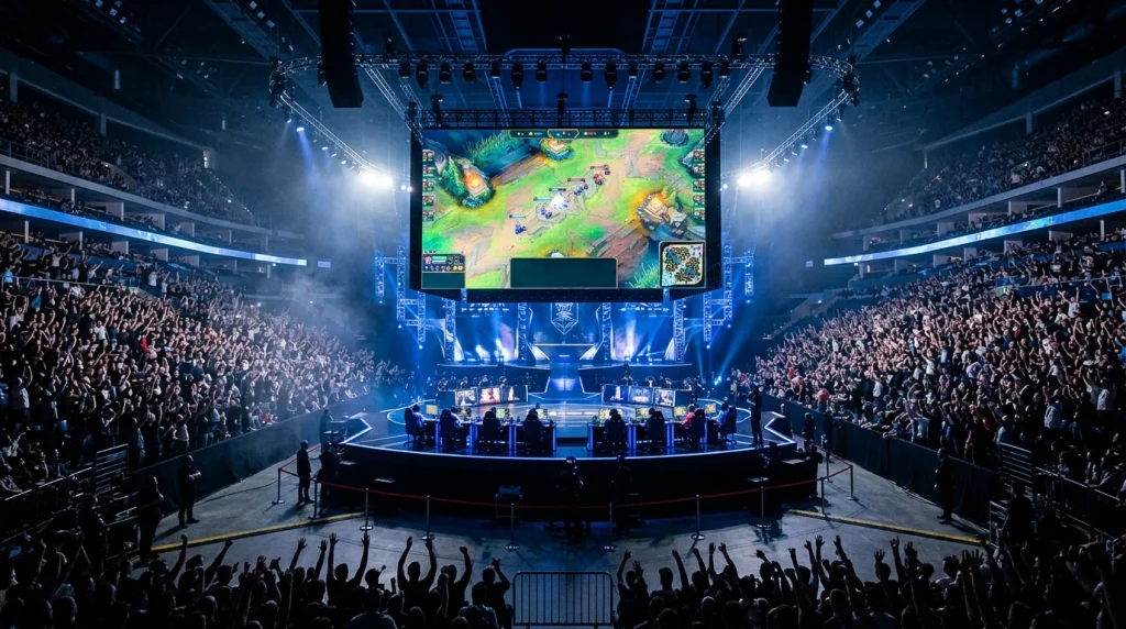 eSports-Arena mit großer LED-Wand und Publikumsrängen während eines League-of-Legends-Turniers