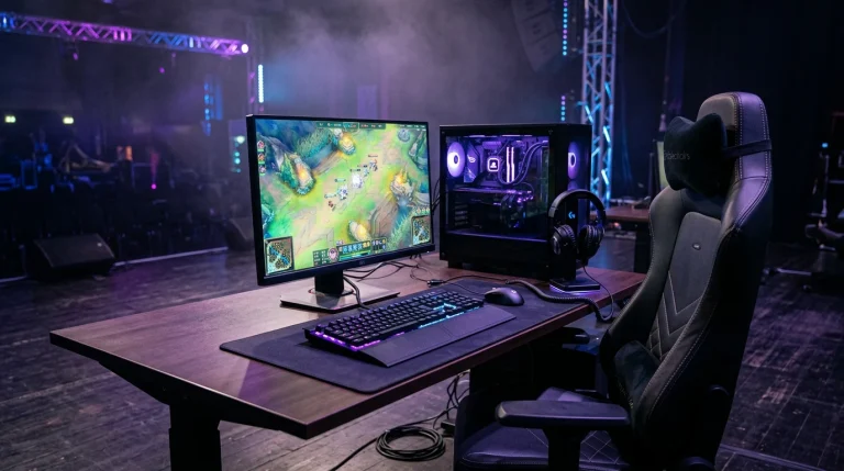 Professionelles Gaming-PC-Setup mit mechanischer Tastatur, Gaming-Maus und Headset auf einer eSports-Turnierbühne