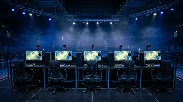 Fünf Gaming-Stationen nebeneinander auf einer beleuchteten eSports-Turnierbühne für ein League-of-Legends-Match