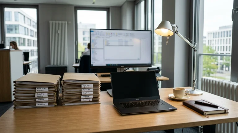 Schreibtisch der Glücksspielaufsicht mit gestapelten Aktenordnern und einem Monitor im Hintergrund