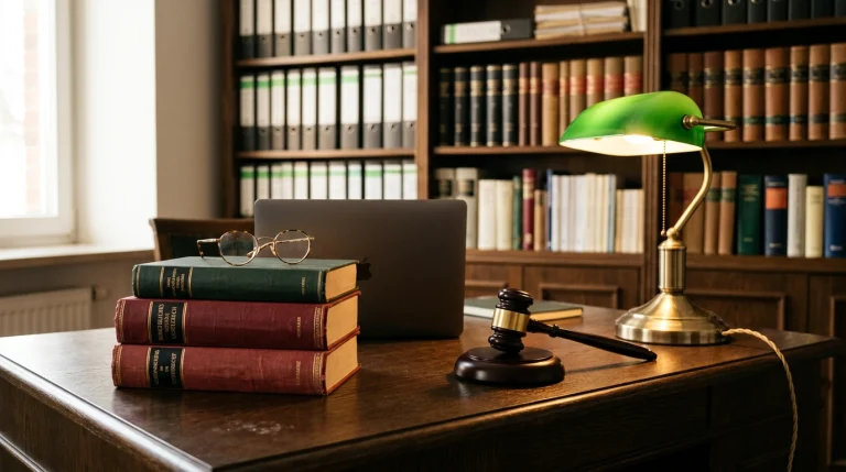 Anwaltsschreibtisch mit gestapelten Gesetzbüchern, Lesebrille und einem hölzernen Richterhammer