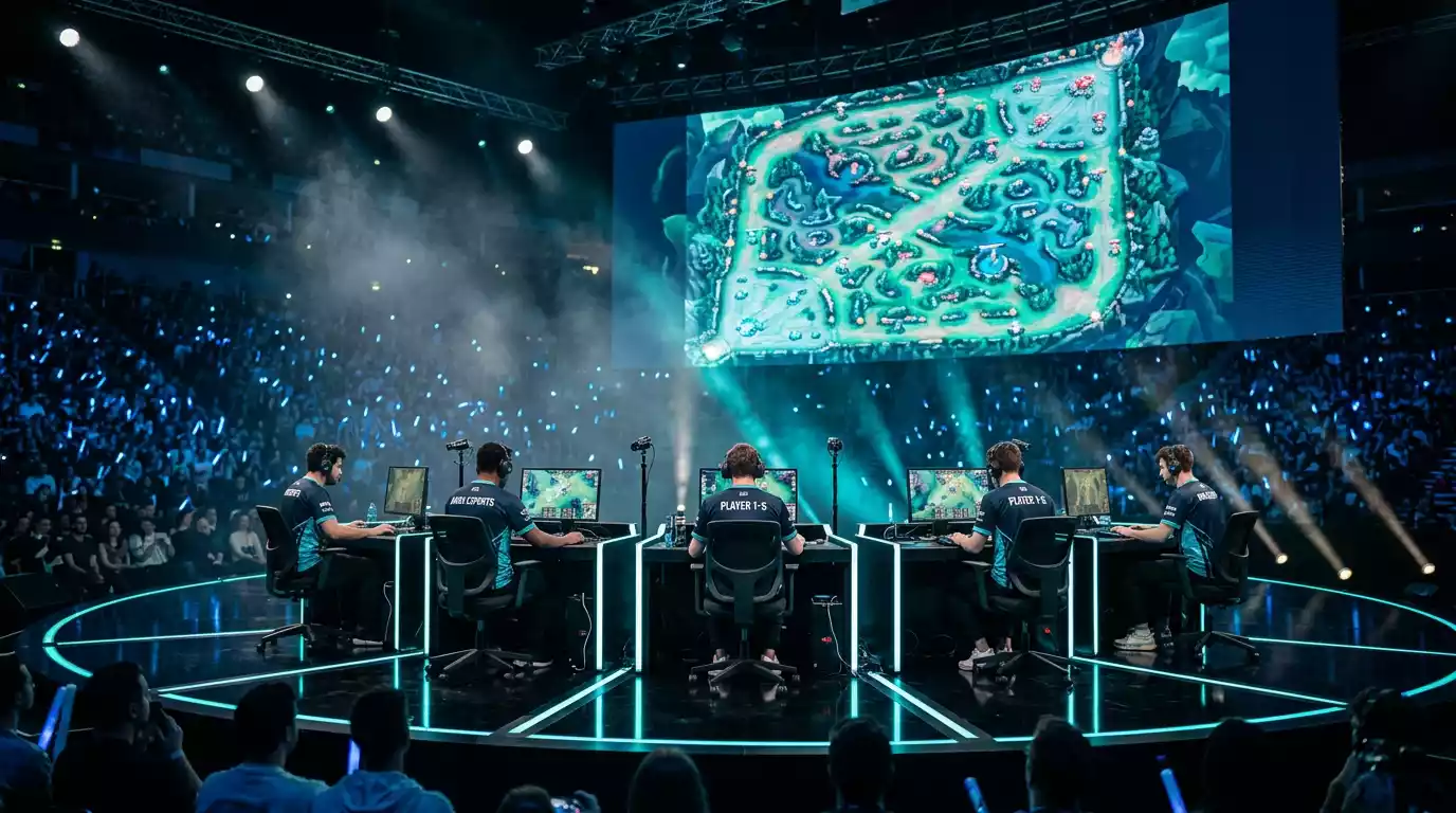 Analytische Übersichtskarte zu League-of-Legends-Wetten in Deutschland mit Quotenfeldern, Turnier-Symbolen und Datenbändern