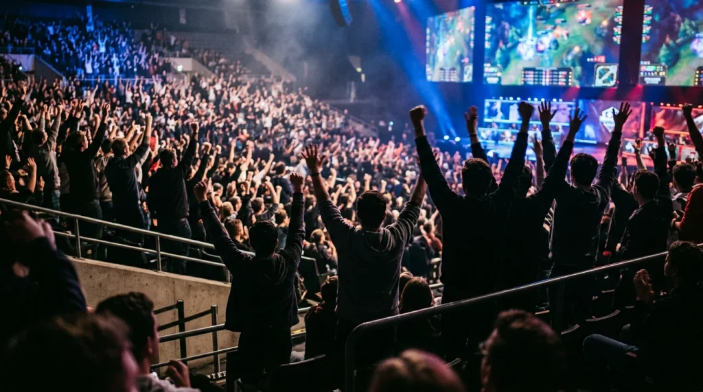 Jubelnde eSports-Fans in einer Arena mit blauem und rotem Bühnenlicht während eines League-of-Legends-Spiels