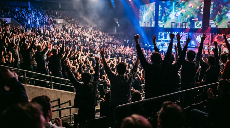 Jubelnde eSports-Fans in einer Arena mit blauem und rotem Bühnenlicht während eines League-of-Legends-Spiels