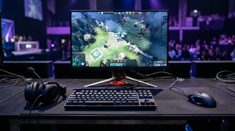 Mechanische Gaming-Tastatur und Headset auf einer eSports-Bühne mit League-of-Legends-Spielszene auf dem Monitor