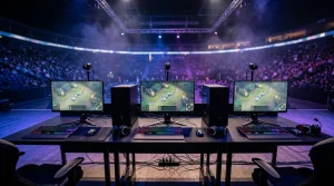 eSports-Bühne mit Gaming-Setup für ein internationales League-of-Legends-Turnier in Europa unter Bühnenlicht