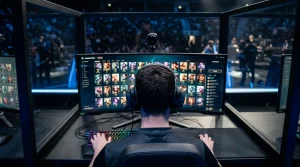 Profi-eSportler von hinten an einer Turnier-Spielerstation vor einem Computerbildschirm mit Champion-Auswahl