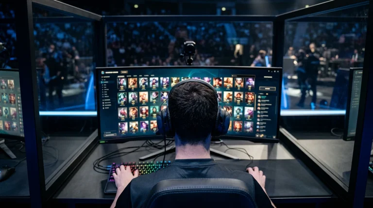 Profi-eSportler von hinten an einer Turnier-Spielerstation vor einem Computerbildschirm mit Champion-Auswahl