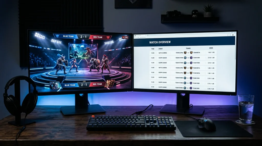 Schreibtisch mit zwei Monitoren - Riot-LoL-Stream links und Wettoberfläche rechts