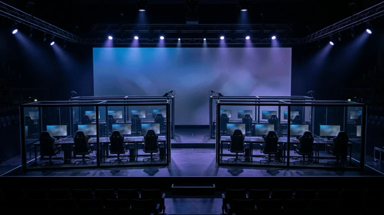 Leere eSport-Turnierbühne mit Spielerstationen und einem großen LED-Bildschirm im Hintergrund