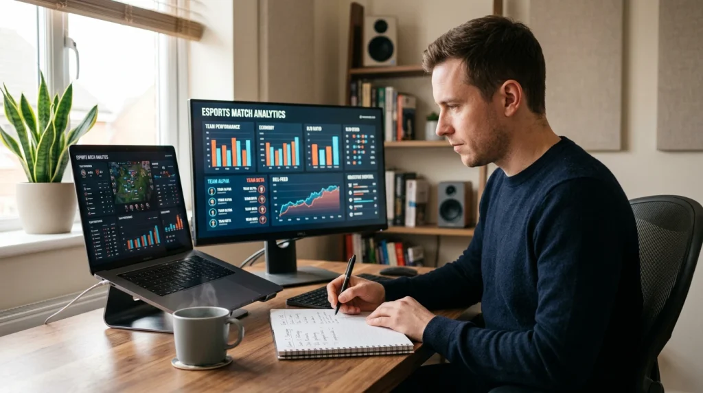 eSports-Wettanalyst am Schreibtisch mit Laptop und handgeschriebenen Notizen zu LoL-Quoten
