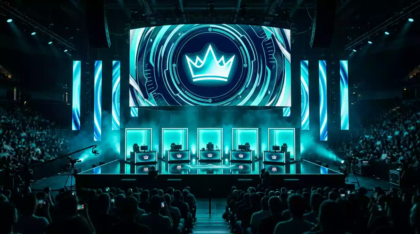 Spielerkabinen auf der großen Worlds-Finale-Bühne unter Scheinwerfern mit Publikum im Hintergrund