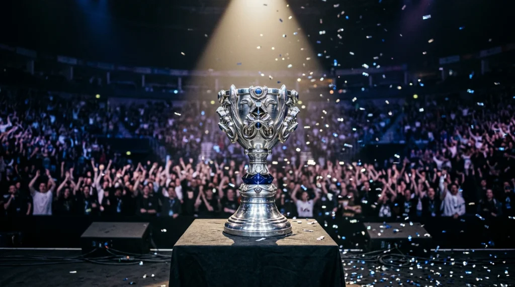 Silberner eSports-Pokal auf einer dunklen Bühne unter Spotlight mit fallendem Konfetti und verschwommenem Publikum im Hintergrund
