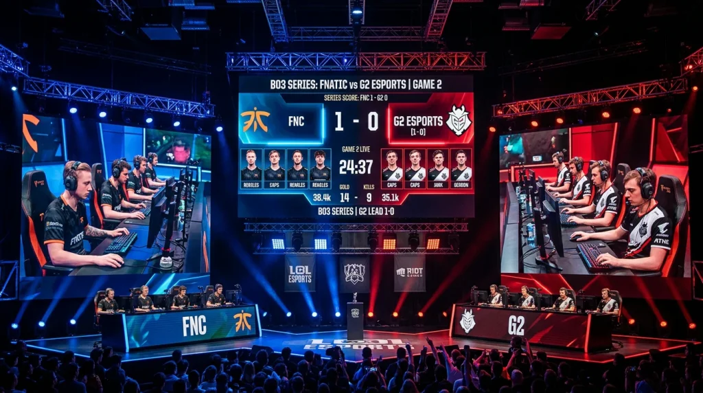 eSports-Bühne mit Map-Score-Anzeige für eine LoL-Bo3-Serie