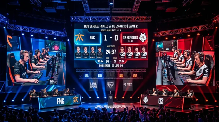 eSports-Bühne mit Map-Score-Anzeige für eine LoL-Bo3-Serie