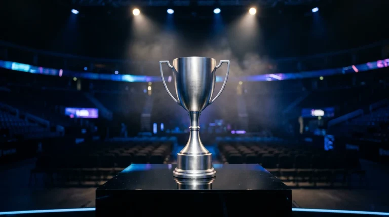 Silberner Turnierpokal auf einem schwarzen Präsentationspodium vor einer beleuchteten eSports-Bühne