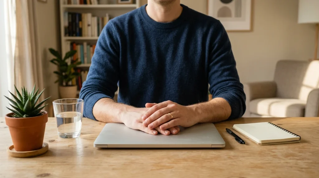 Person am Laptop in einem ruhigen Arbeitszimmer mit Notizblock und Stift auf dem Tisch