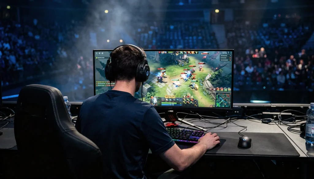 eSports-Profispieler von hinten an einem Gaming-PC mit Headset und mechanischer Tastatur während eines internationalen Finals