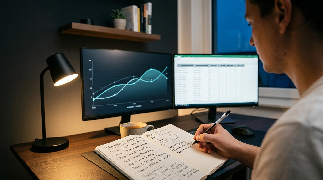 Wettanalyst notiert Patch-Veränderungen in einem Notizbuch neben zwei Bildschirmen mit Quoten-Übersicht
